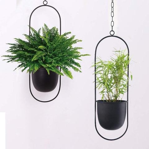 Sinolodo Boho Wall Hanging Planter,Metal Hanging Flower Pots,Window Hanging Plant Holder for Indoor Outdoor Plants Home Office Decor (2pcs-Black Oval)