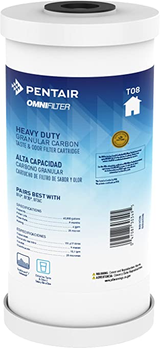 Pentair OMNIFilter TO8 Carbon Water Filter, 10" Heavy Duty Whole House Granular Carbon Taste & Odor Replacement Filter Cartridge, 10" x 4.5", 25 Micron