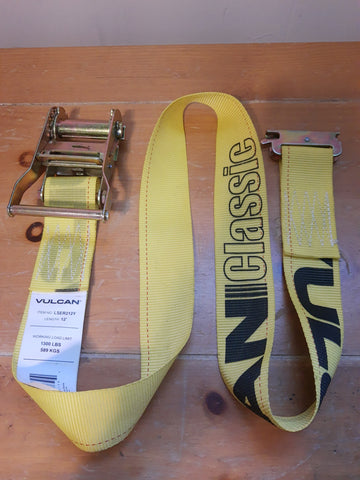 VULCAN Logistic Strap for E Track - Ratchet Style - 12 Foot - 4 Pack - Classic Yellow - 1,300 Pound Safe Working Load SHORT END AND RACHET ONLY